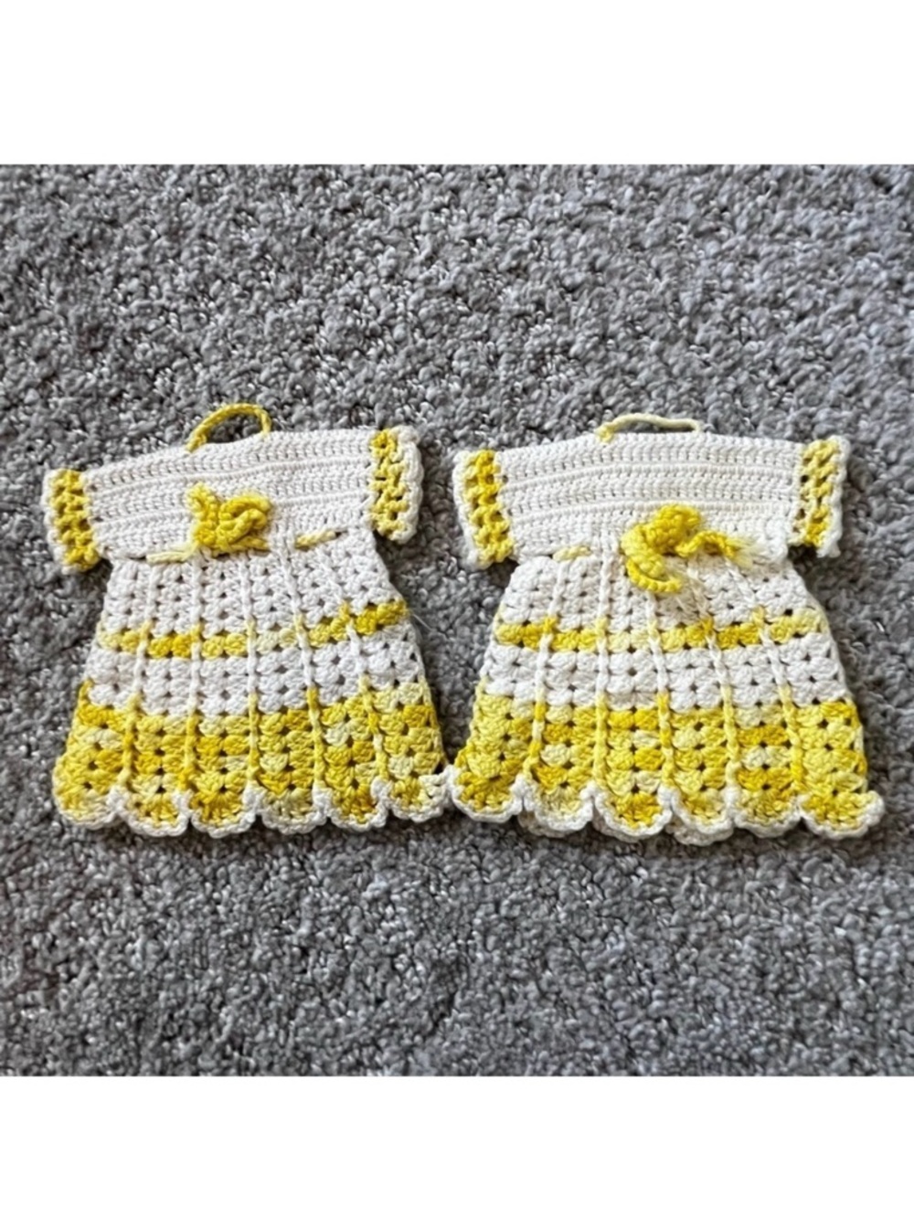 Hand Crocheted Doll Dress Hanging Pot Holders Yellow White Hanging Vintage 2x